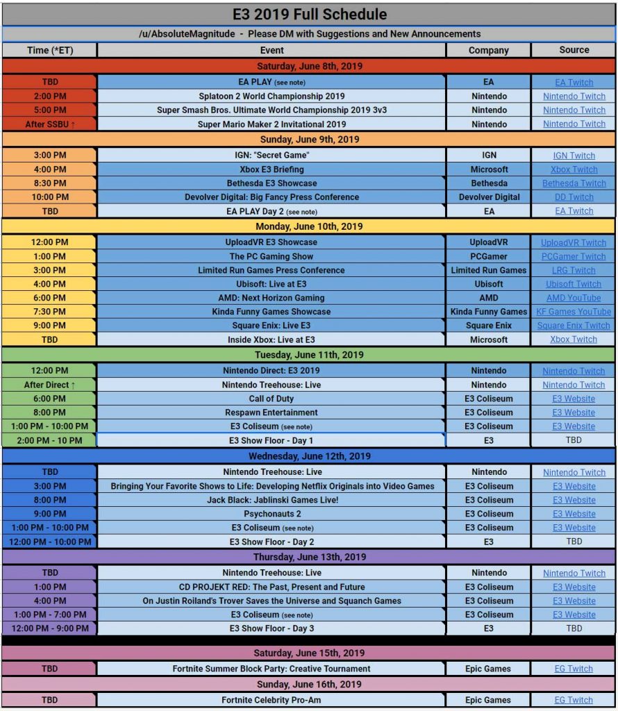 e3 2019 full schedule