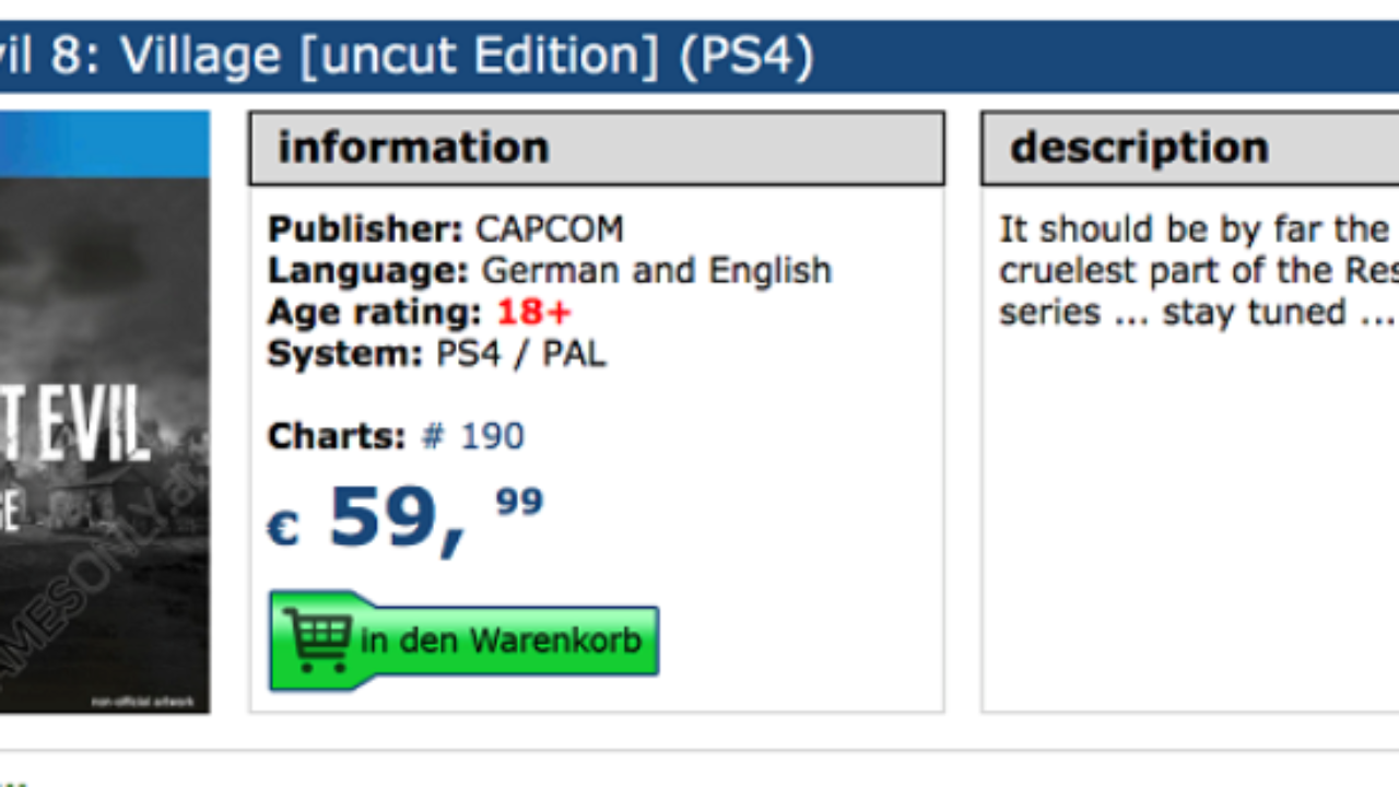 Resident Evil 8 Village Uncut Edition Pre Order Leaked Via German Retailer Gamer Tweak - roblox database leak