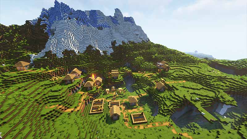 Minecraft seeds 1.18 Meadow Surrounded by Epic Mountains, and Couple of Villages Nearby