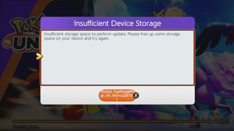 pokemon unite insufficient storage error