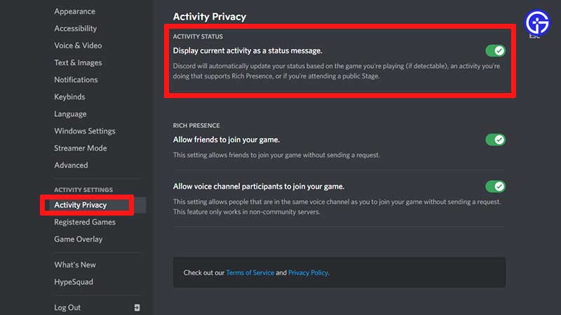 how to show game activity discord
