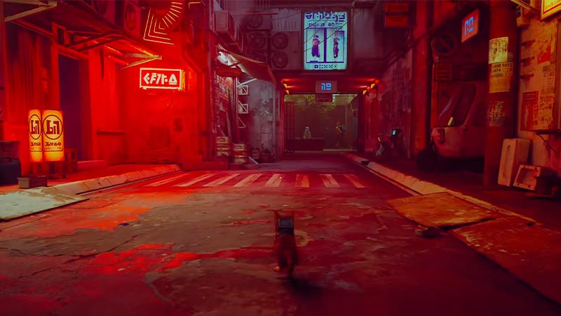 In-game screenshot of Stray which shows the outside location of Midtown. 