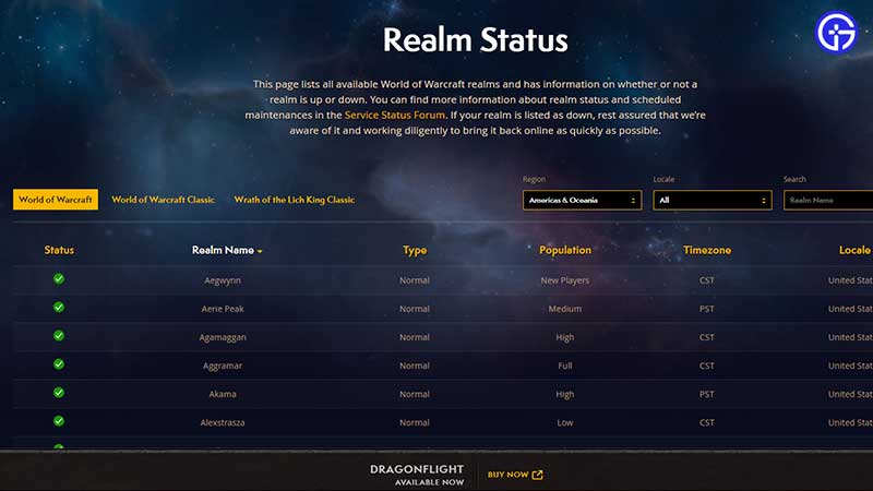 wow realm status page world server down