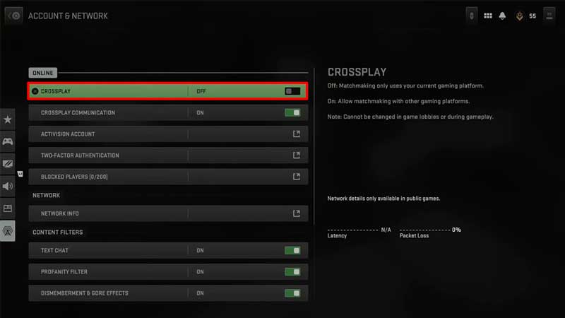 Warzone 2.0 Disable Crossplay