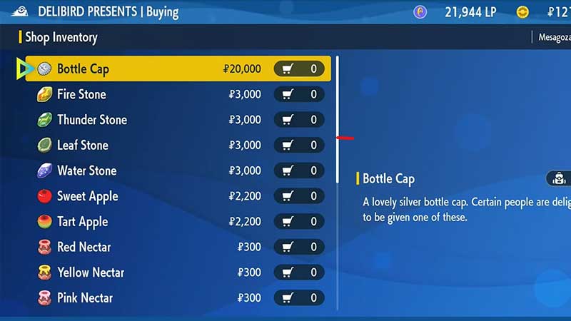 Buy Bottle Caps at Delibird Shop in Pokemon SV 
