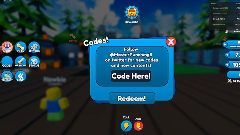 How to redeem codes in Master Punching Simulator
