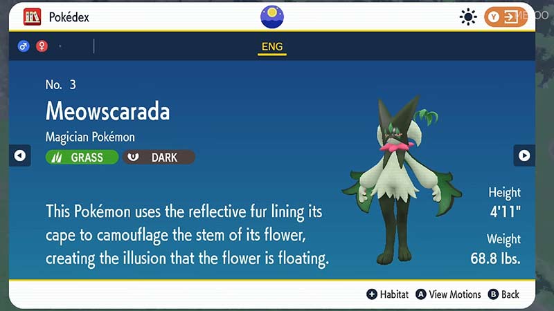 Meowscarada in Pokedex entry