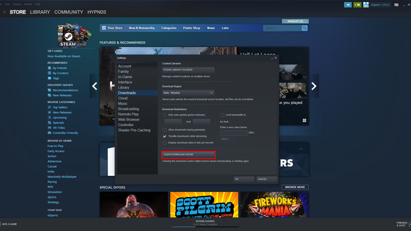 Clear Download Cache to fix Steam Offline Mode issue