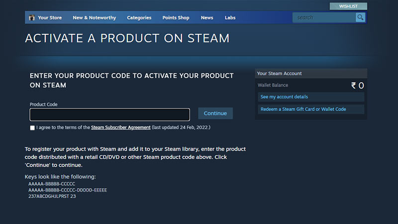 Steam Key Register page to activate new games