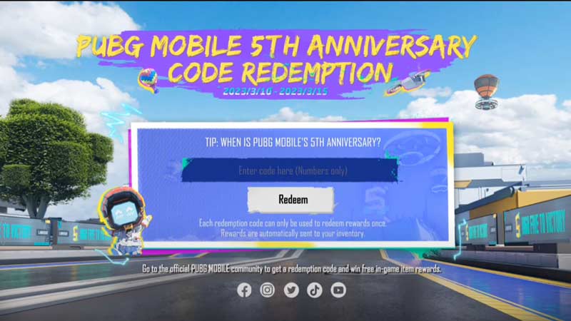 PUBG Mobile Fifth Anniversary Codes