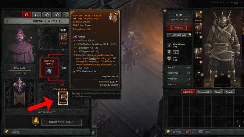 Imprint Aspects menu at the Occultist NPC