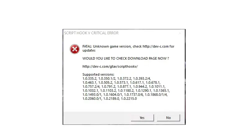 script hook v critical error fatal unknown game version gta 5