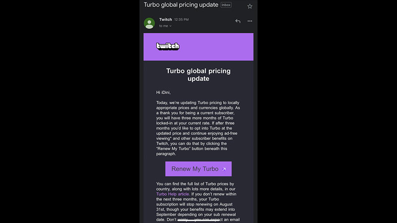 Price Change Twitch Turbo Monthly Sub