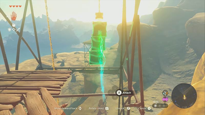 Attach Metal Boxes to the lift to solve Gerudo Canyon Skyview tower