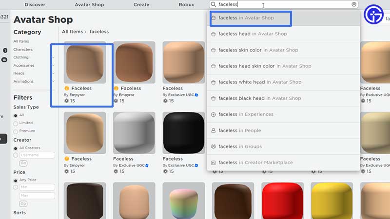 how to get faceless head avatar roblox 