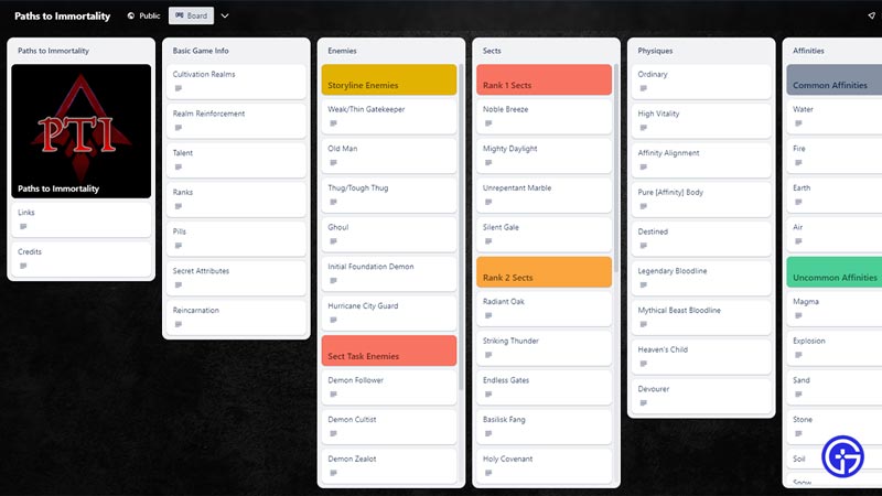 paths to immortality trello board link