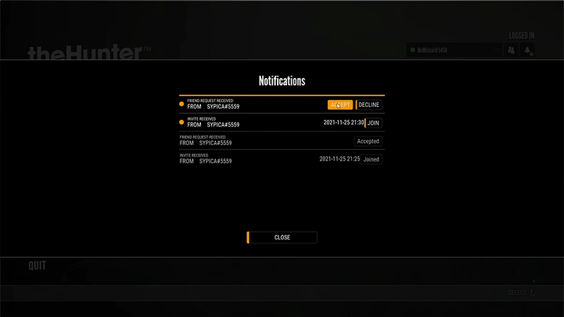 Accept friend notification in Hunter Call of the Wild