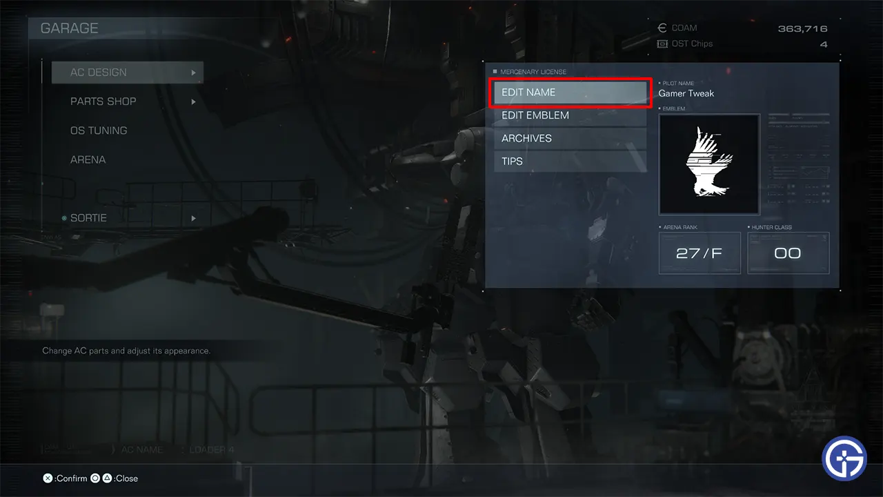 how to Change Pilot Name in Armored Core 6