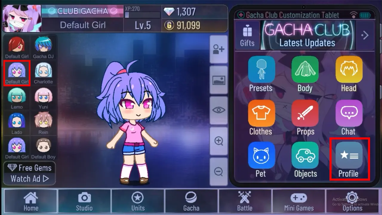 Step to open profile in Gacha Club to import character