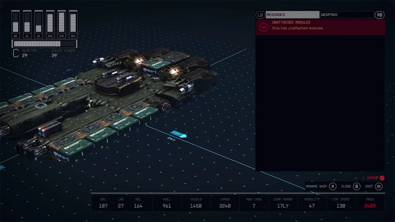 how to resolve ship has unattached modules error in starfield