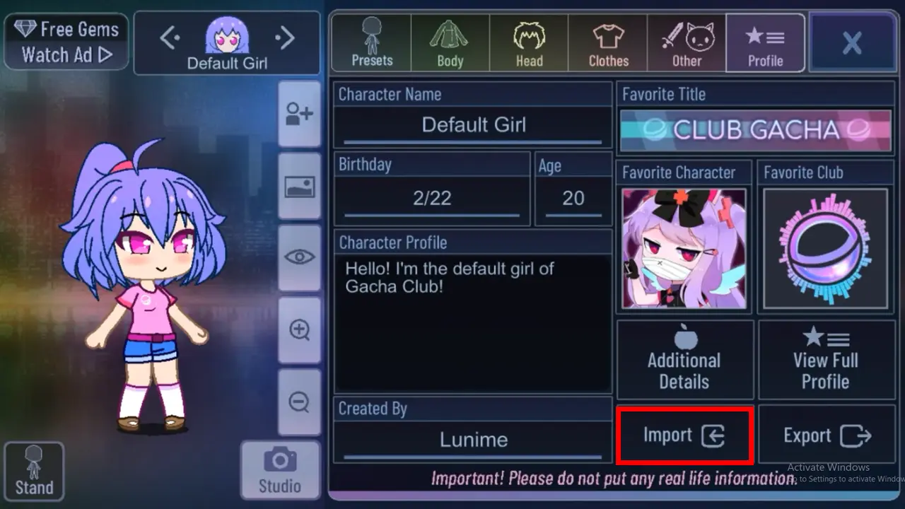 step to import character in Gacha Club