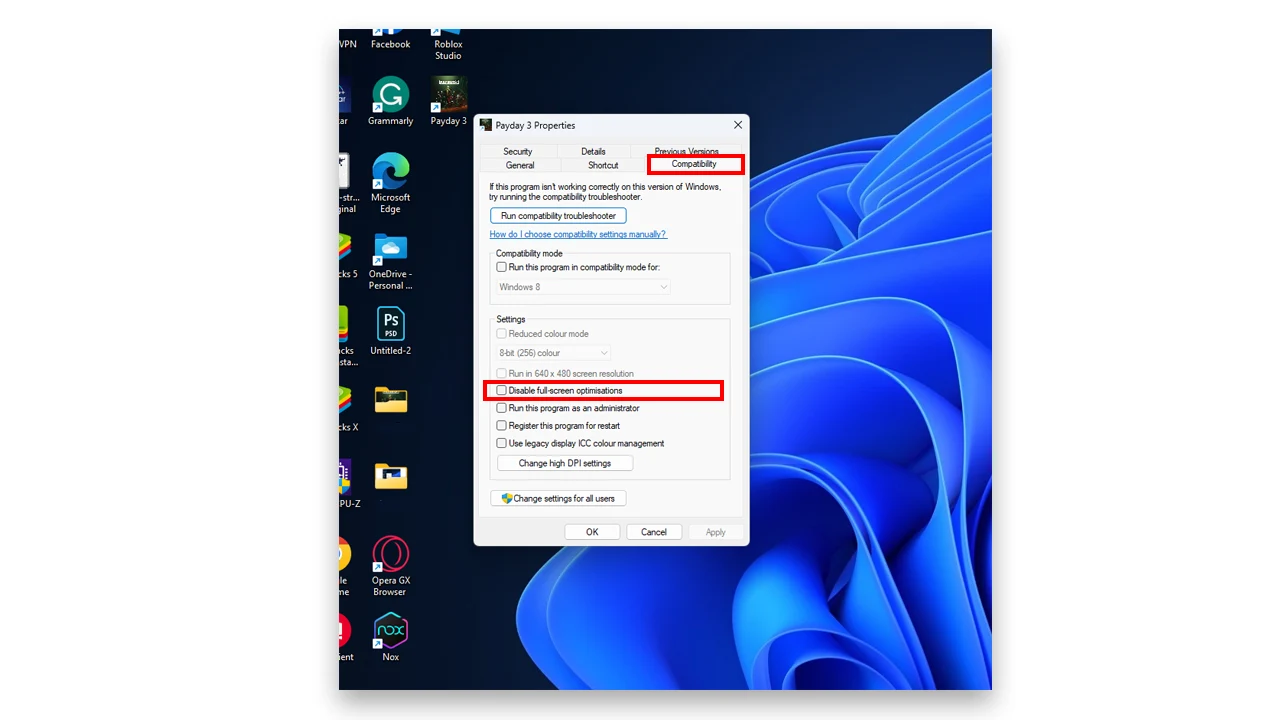steps to Disable Fullscreen Optimization to fix Dtuttering, lagging and crashing on Payday 3