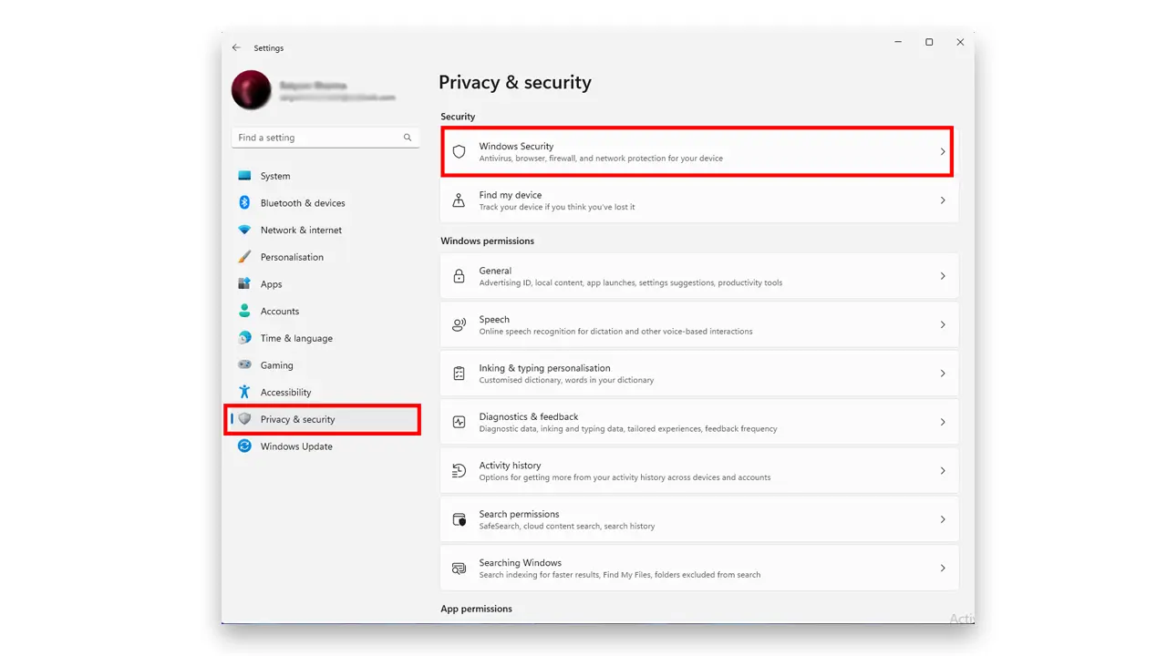 steps to open Privacy and security in windows