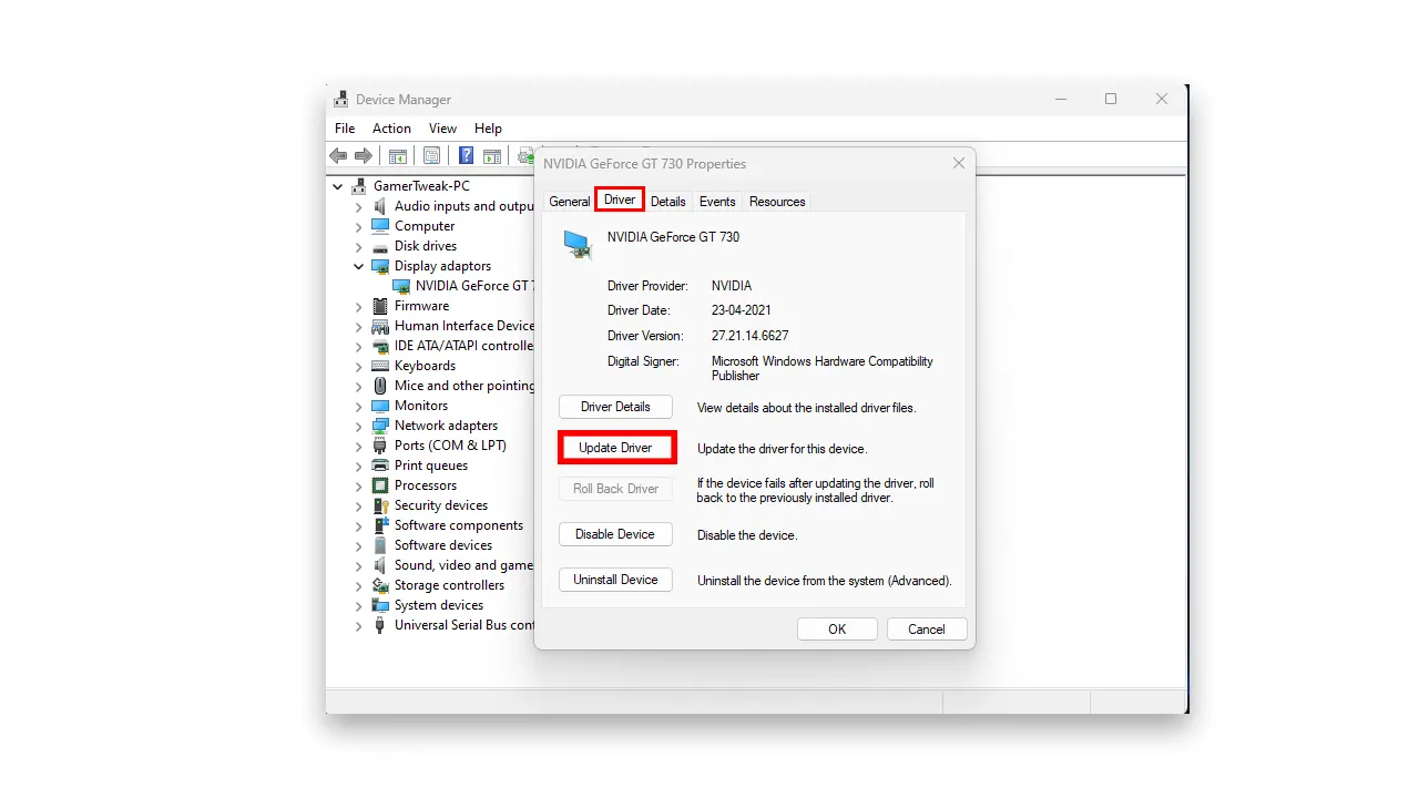 steps to open gpu properties in device manager