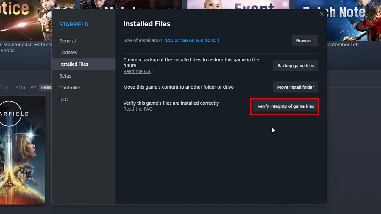 steps to verify for Integrity of Game Files for starfield