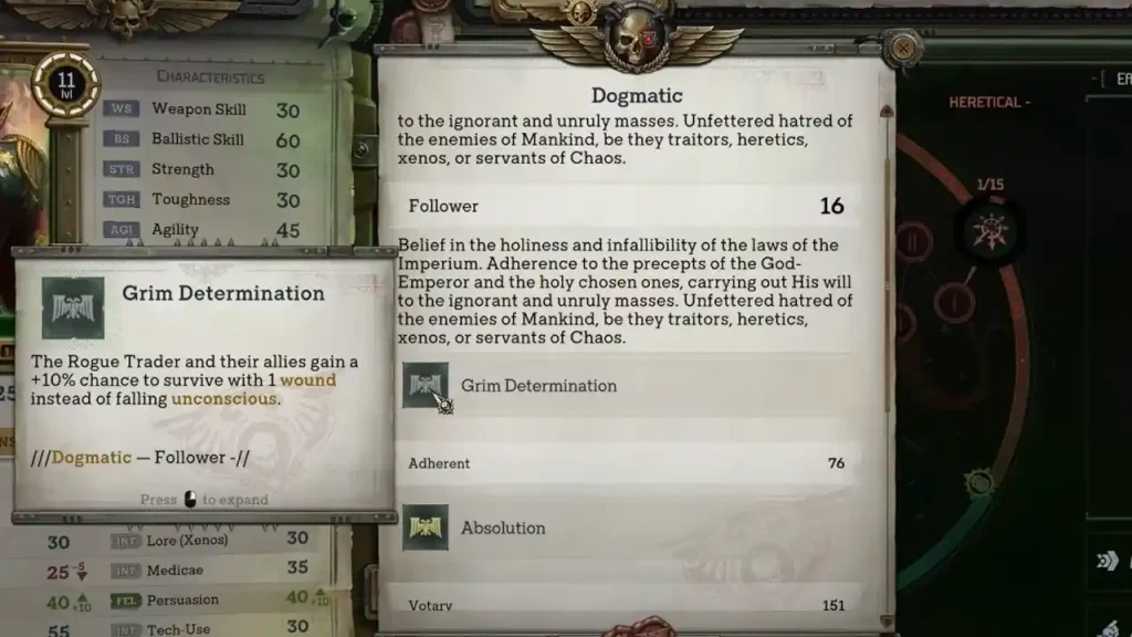 What is the Conviction System in Warhammer 40K Rogue Trader Dogmatic