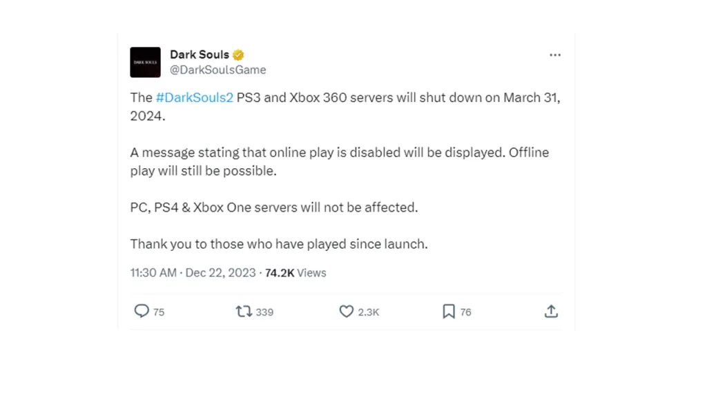dark souls 2 devs announce server shut down
