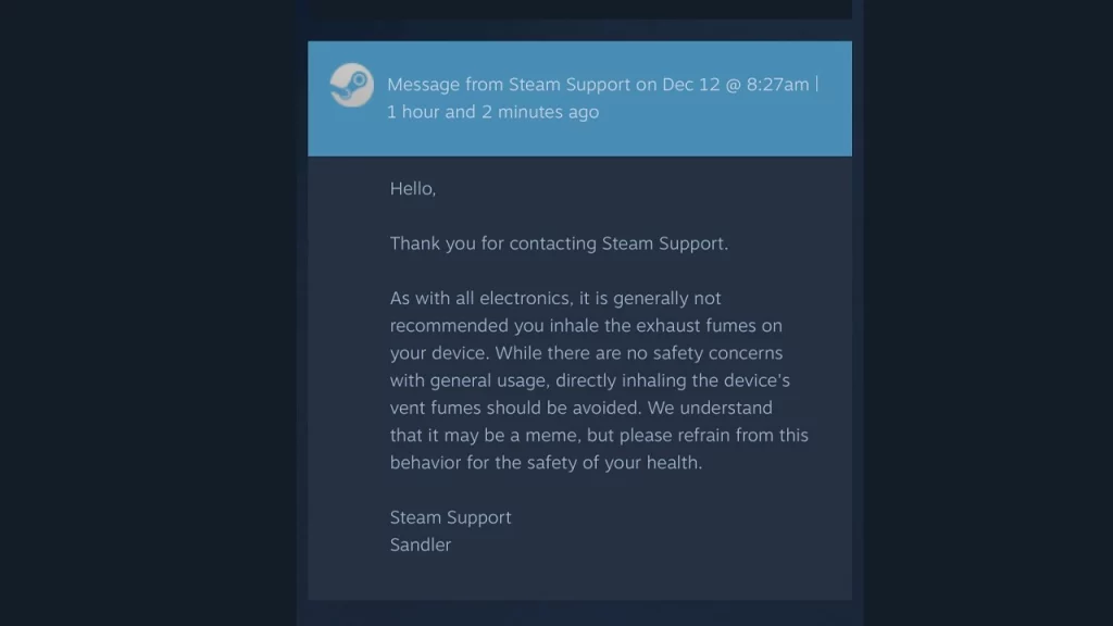 steam support reply to sniffing steam deck vent fumes
