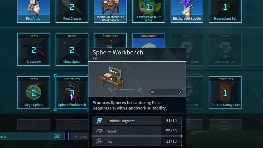 crafting recipe to build sphere workbench