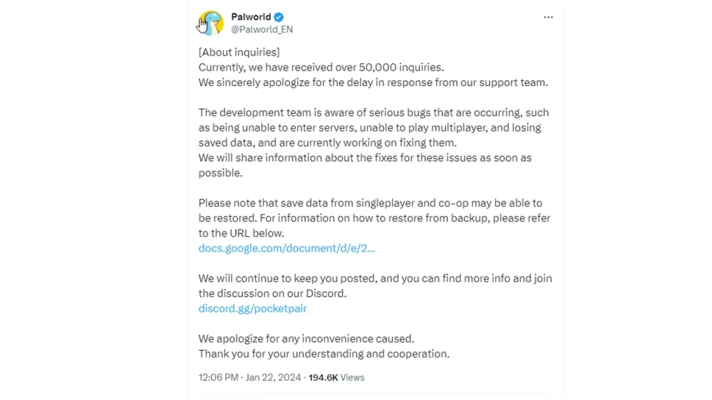 palworld acknowledges issues on twitter