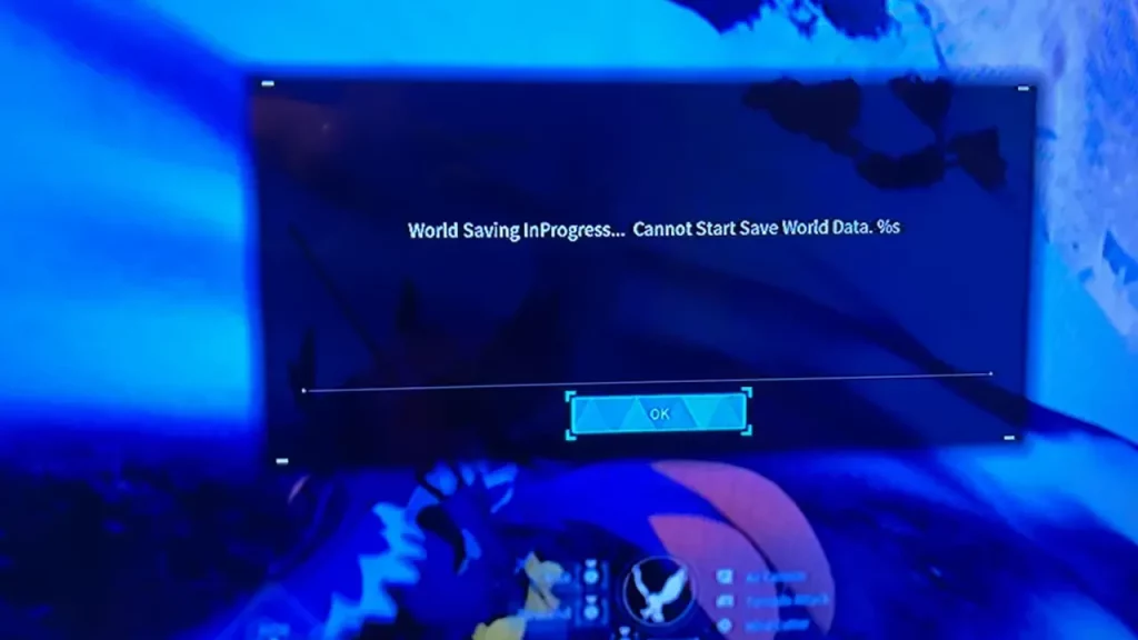 players screen with the palworld World Saving InProgress error shown