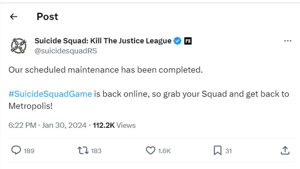 tweet by rocksteady about Suicide Squad Kill The Justice League server status