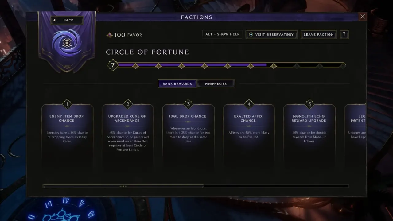 Circle of Fortune Faction advantages in Last Epoch