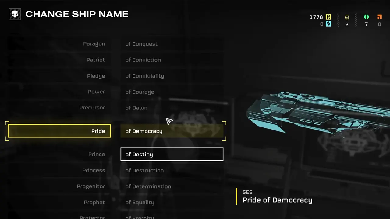 You can choose the name you want for your ship by selecting it from this list in Helldivers 2 
