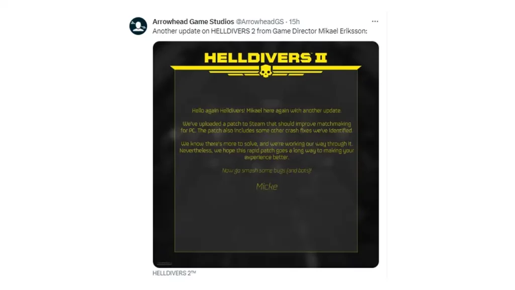 update from Arrowhead Studios about server issues in helldivers 2