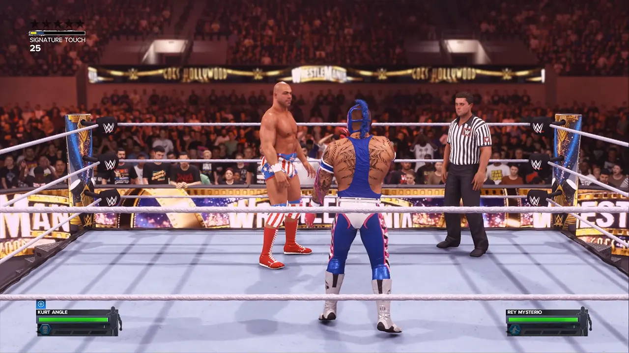 Kurt Angle with straps pulled down in WWE 2K24