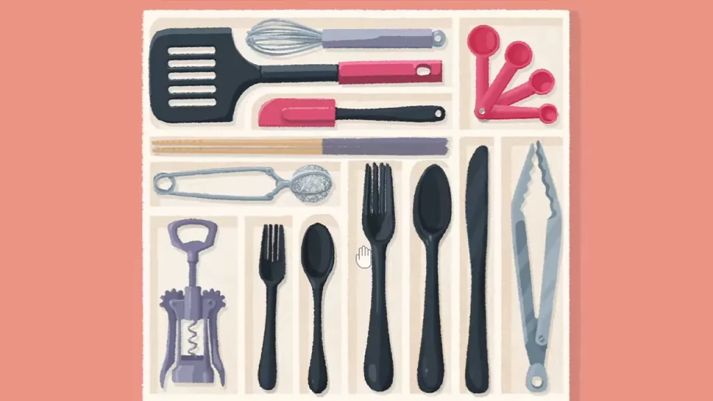 arranging kitchen utensils