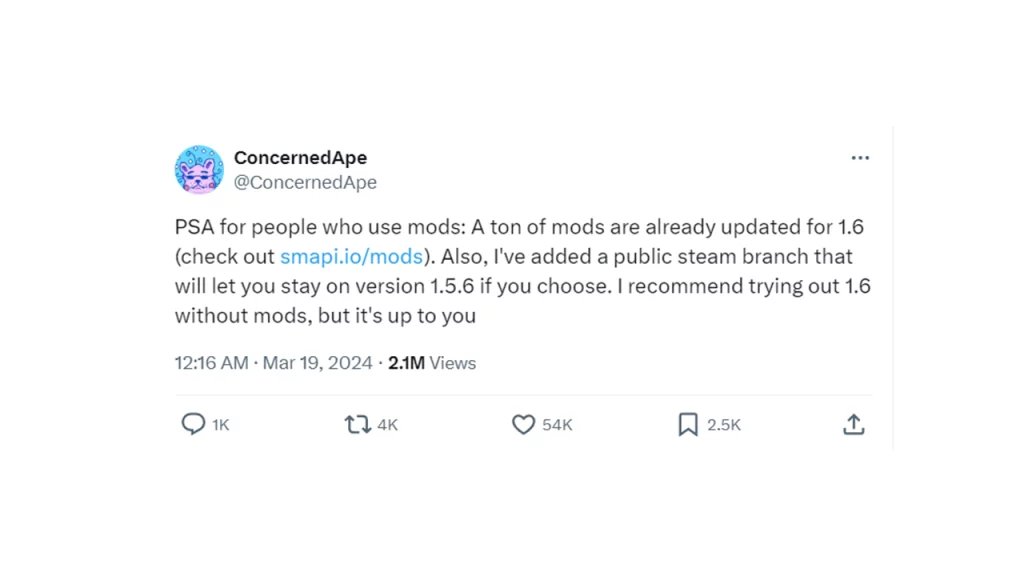 concernedape tweet about broken and compatible stardew valley mods