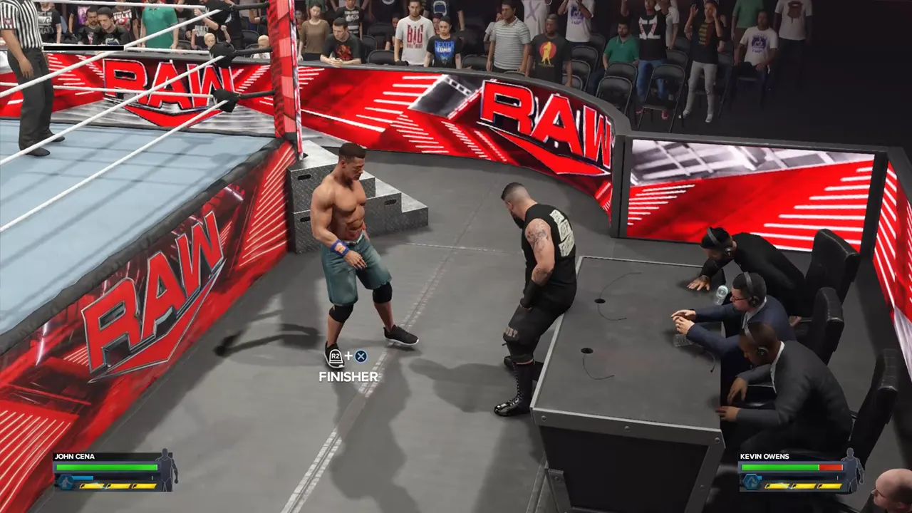 performing a finisher on Announcer's Table in WWE 2K24