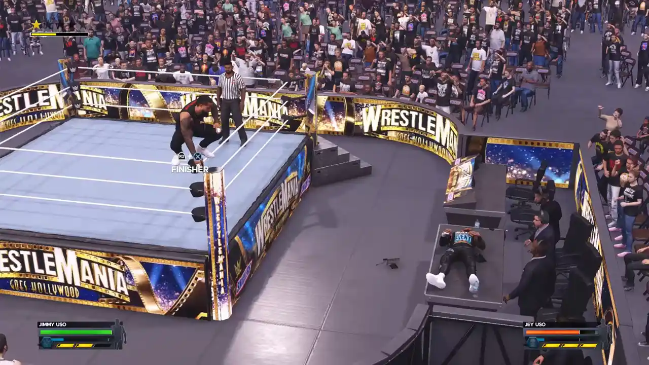 hitting a high-flying finisher on announcer's table in WWE 2K24