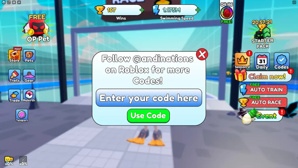 How do you redeem codes in the Roblox Swimming Race Simulator