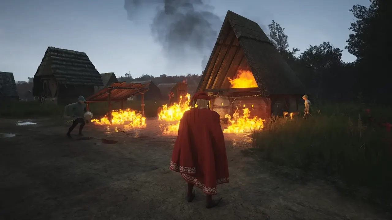 Dorfbewohner löschen Feuer in Manor Lords