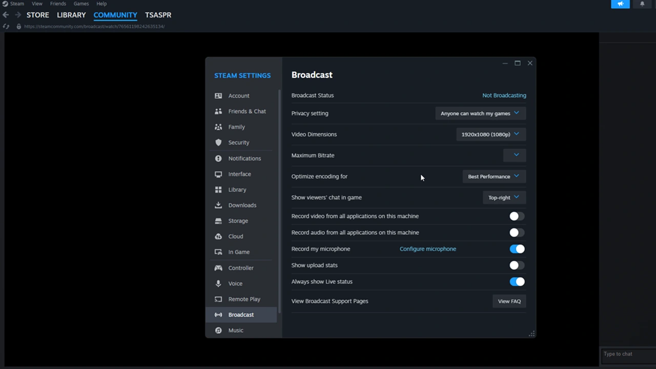 broadcast settings for streaming games on steam