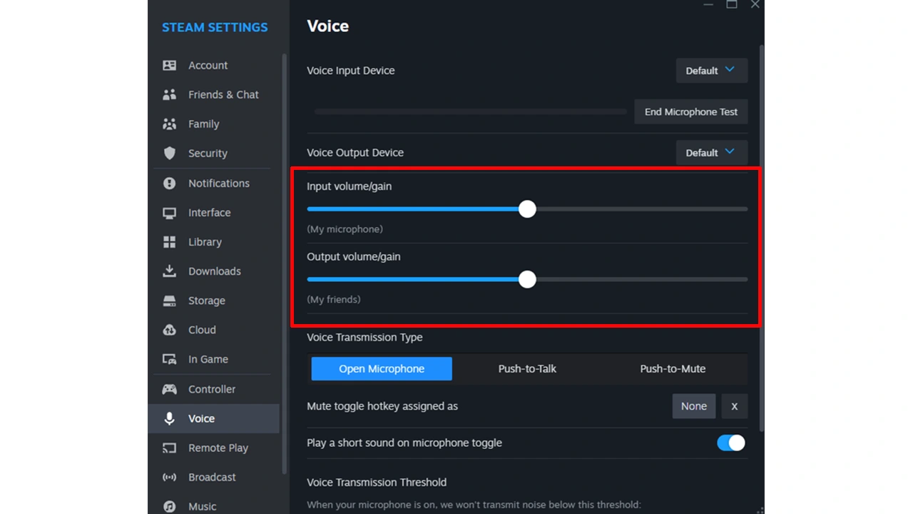 adjust input and output volume to fix Steam Voice Chat Not Working