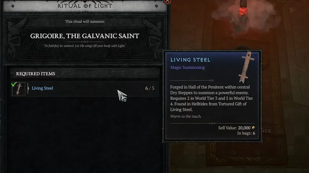 living steel to activate altar and summon grigoire