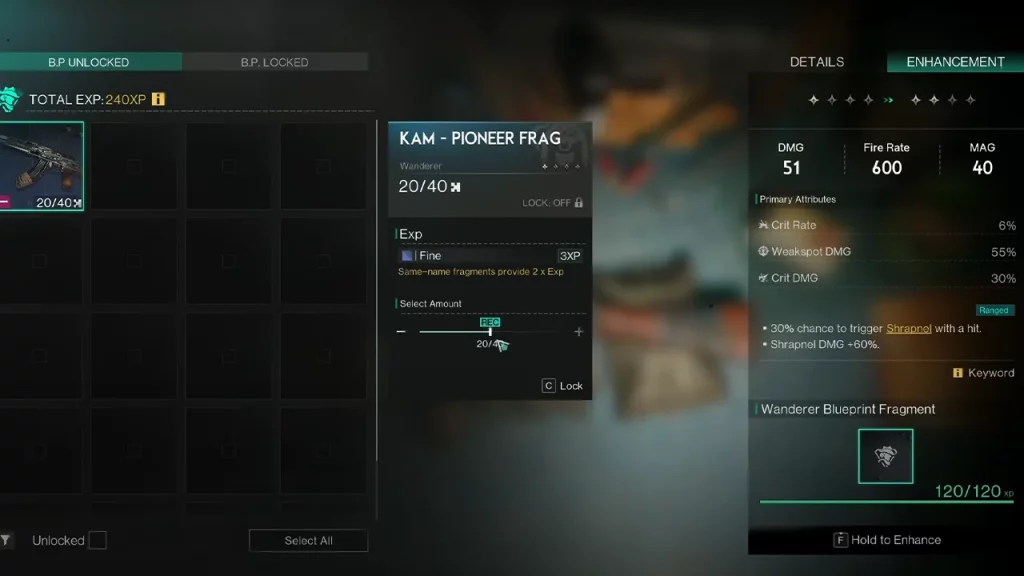 weapon enhancement with blueprint fragments in once human